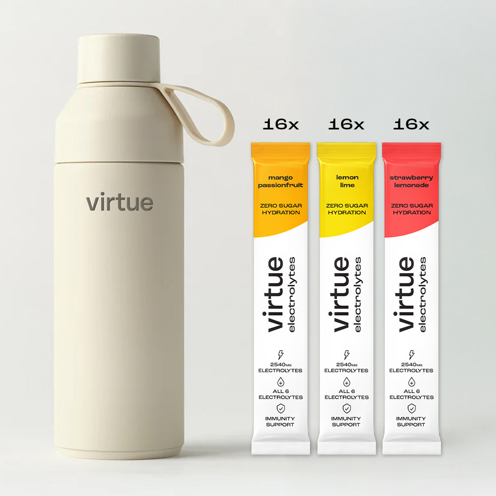 Virtue Hydration Starter Pack - Ocean Bottle + 3 Flavours (48 Sachets Total)