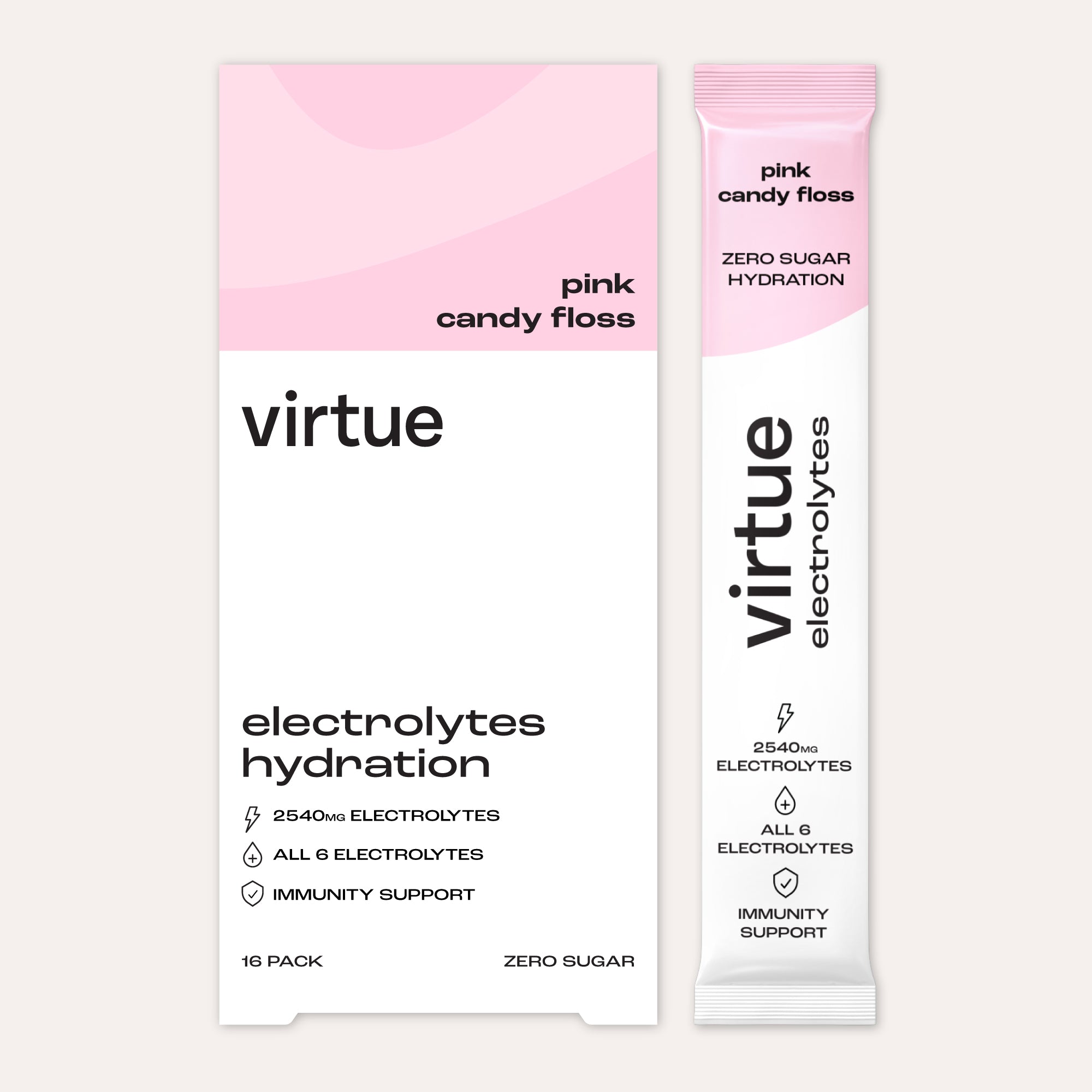 Virtue Electrolytes Pink Candy Floss hydration sachets for daily hydration and recovery
