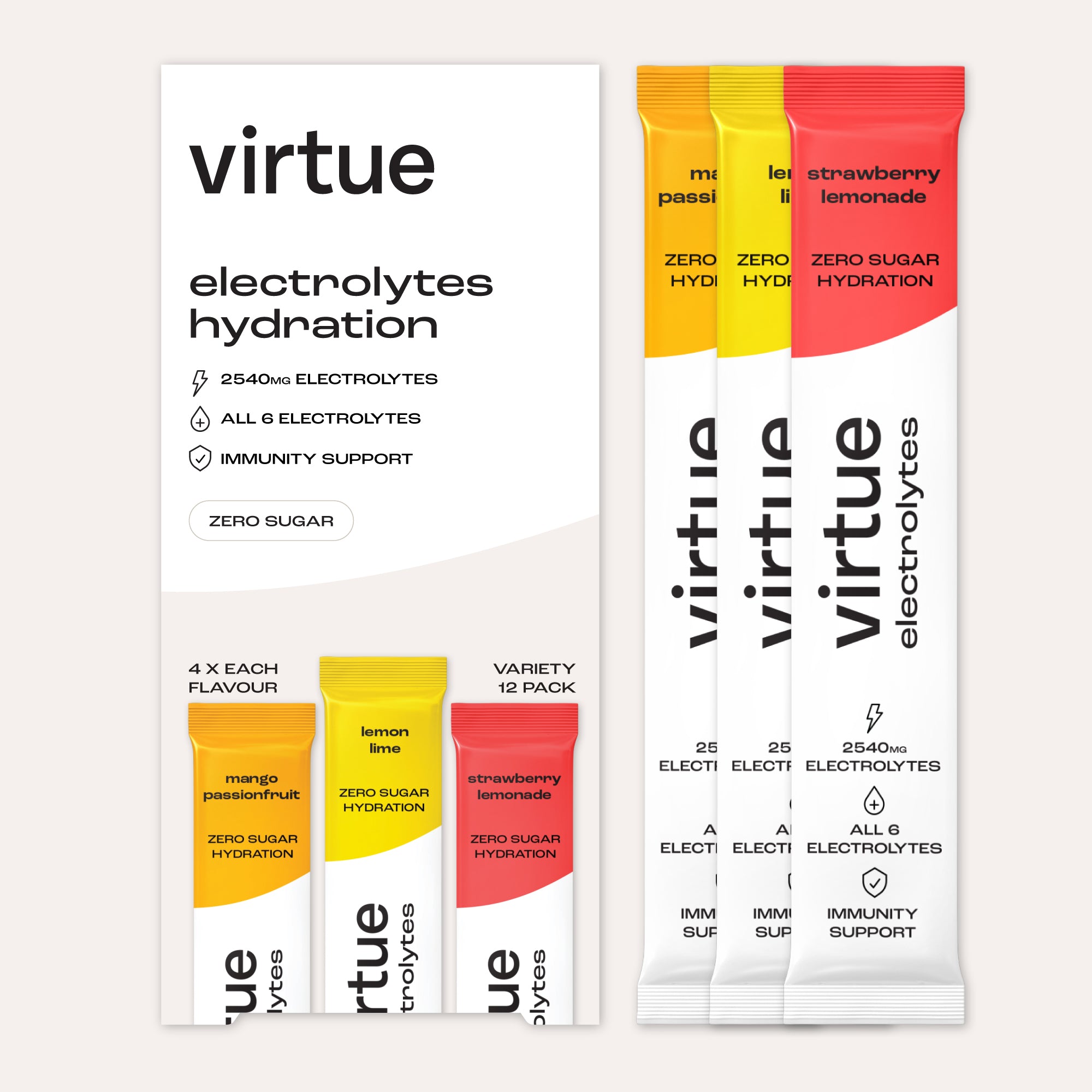 Virtue Electrolytes hydration sachets variety pack for daily hydration and recovery